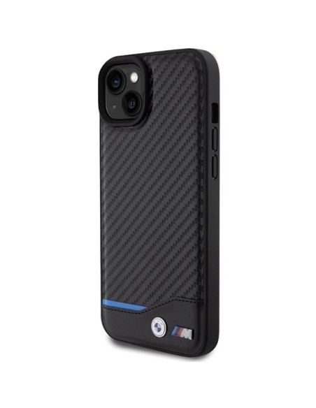 BMW Leather Carbon dėklas iPhone 15 Plus - juodas BMW Leather Carbon dėklas iPhone 15 Plus - juodas
