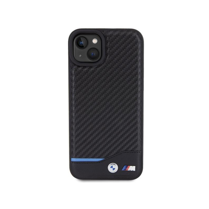 BMW Leather Carbon dėklas iPhone 15 Plus - juodas