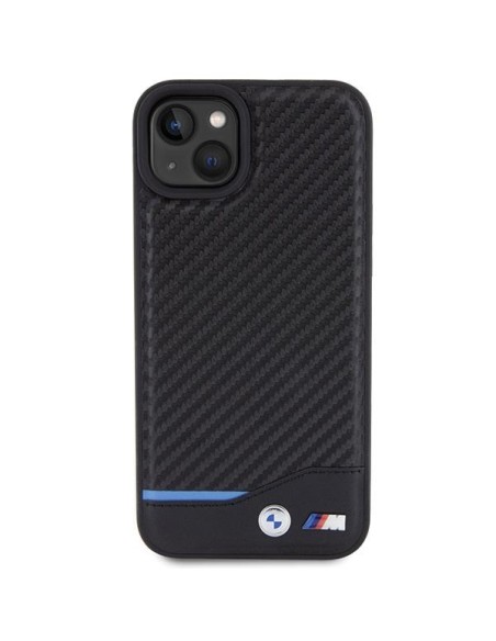 BMW Leather Carbon dėklas iPhone 15 Plus - juodas BMW Leather Carbon dėklas iPhone 15 Plus - juodas