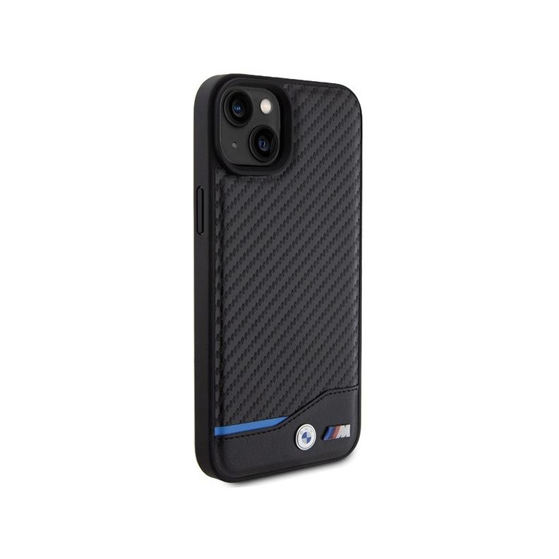 BMW Leather Carbon dėklas iPhone 15 Plus - juodas