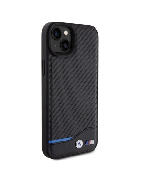 BMW Leather Carbon dėklas iPhone 15 Plus - juodas BMW Leather Carbon dėklas iPhone 15 Plus - juodas