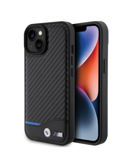 BMW Leather Carbon dėklas iPhone 15 - juodas BMW Leather Carbon dėklas iPhone 15 - juodas