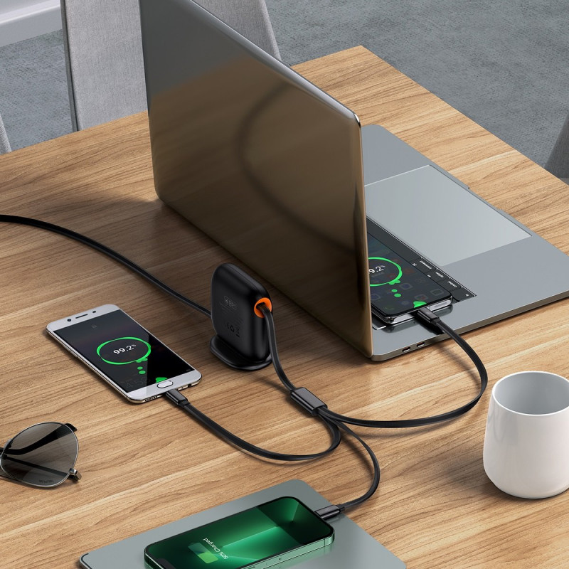 Ištraukiamas laidas 3in1 USB-C microUSB iPhone Lightning Power Delivery 1,7m juodas