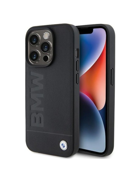 BMW Leather Hot Stamp dėklas iPhone 15 Pro Max - juodas