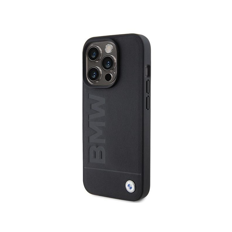BMW Leather Hot Stamp dėklas iPhone 15 Pro Max - juodas