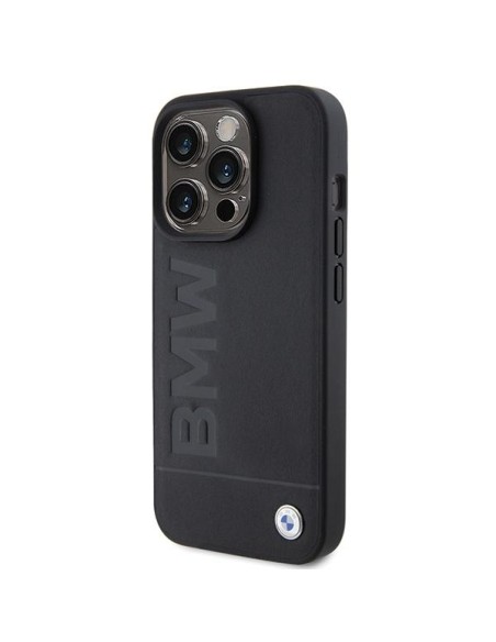 BMW Leather Hot Stamp dėklas iPhone 15 Pro Max - juodas