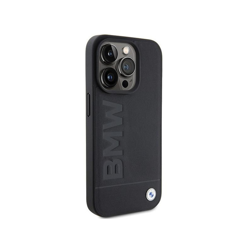 BMW Leather Hot Stamp dėklas iPhone 15 Pro Max - juodas