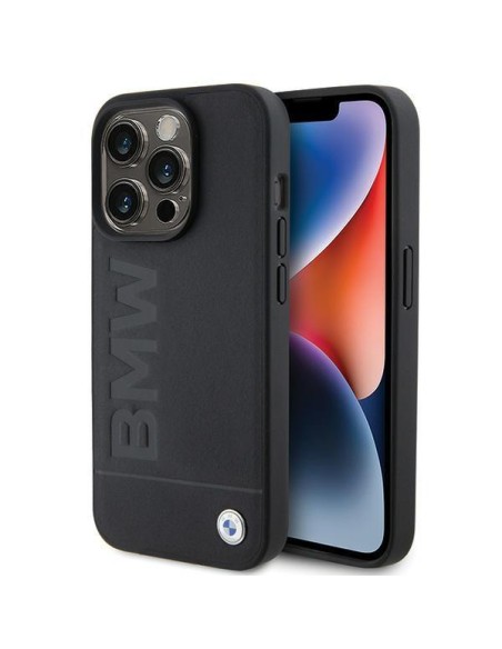 BMW MagSafe Leather Hot Stamp dėklas iPhone 15 Pro - juodas BMW MagSafe Leather Hot Stamp dėklas iPhone 15 Pro - juodas