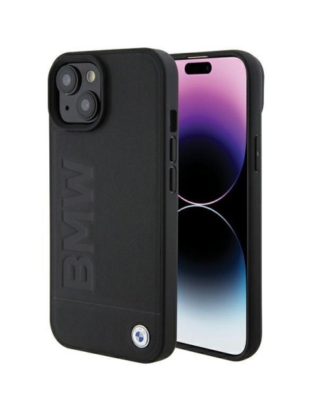 BMW MagSafe Leather Hot Stamp dėklas iPhone 15 Plus - juodas