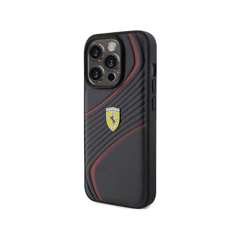 Ferrari Twist Metal Logo dėklas, skirtas iPhone 15 Pro - juodas