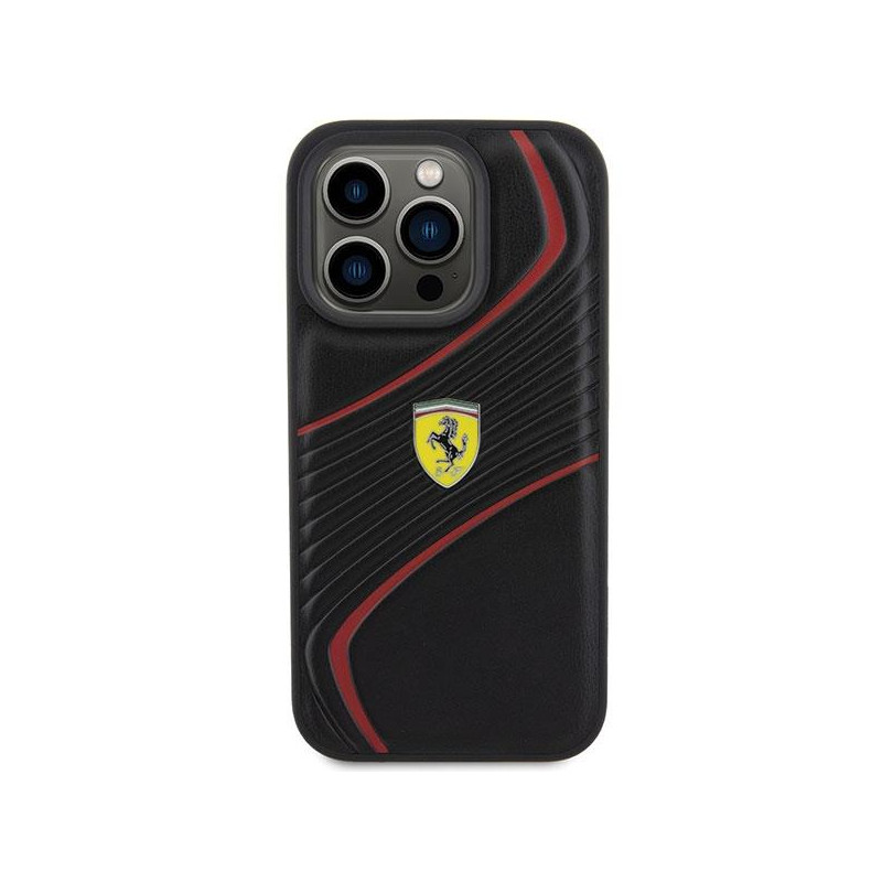 Ferrari Twist Metal Logo dėklas, skirtas iPhone 15 Pro - juodas