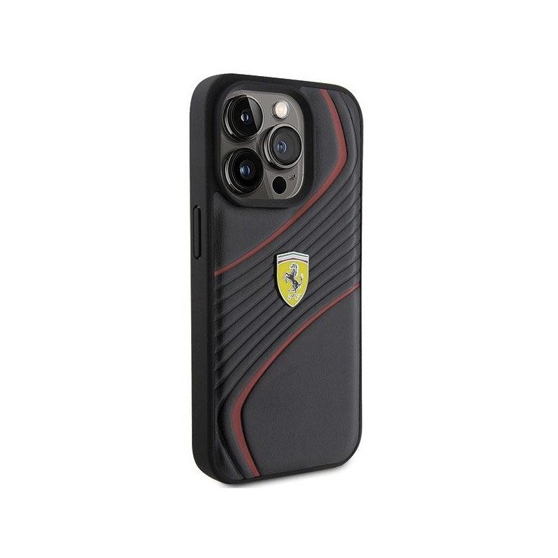 Ferrari Twist Metal Logo dėklas, skirtas iPhone 15 Pro - juodas