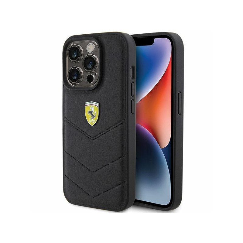 Ferrari Quilted Metal Logo dėklas, skirtas iPhone 15 Pro - juodas