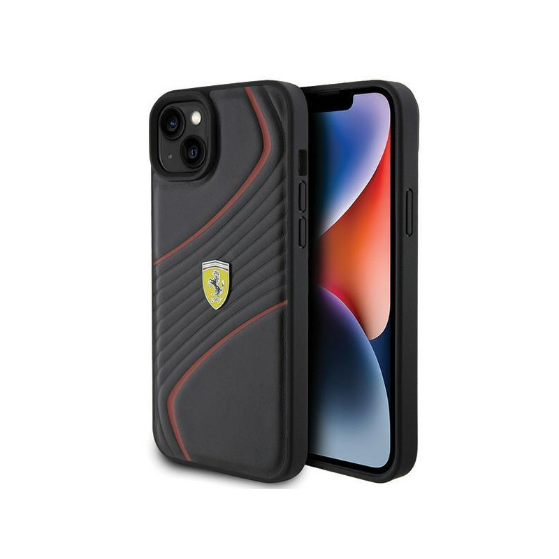 Ferrari Twist Metal Logo dėklas, skirtas iPhone 15 Plus - juodas Ferrari Twist Metal Logo dėklas, skirtas iPhone 15 Plus - juodas