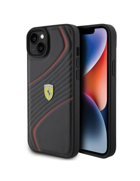 Ferrari Twist Metal Logo dėklas, skirtas iPhone 15 Plus - juodas Ferrari Twist Metal Logo dėklas, skirtas iPhone 15 Plus - juodas