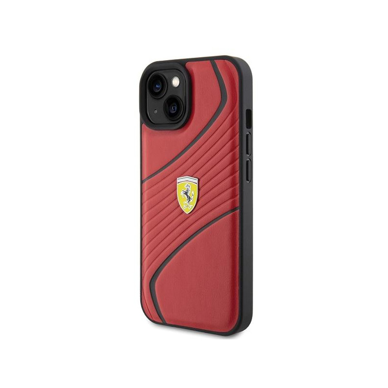 Ferrari Twist Metal Logo dėklas, skirtas iPhone 15 - raudonas