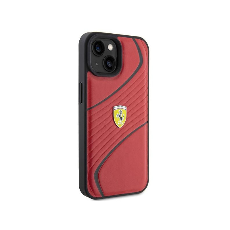 Ferrari Twist Metal Logo dėklas, skirtas iPhone 15 - raudonas
