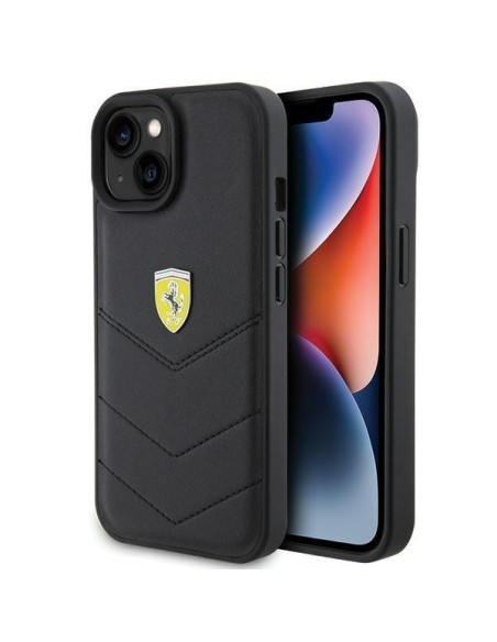Ferrari Quilted Metal Logo dėklas, skirtas iPhone 15 - juodas