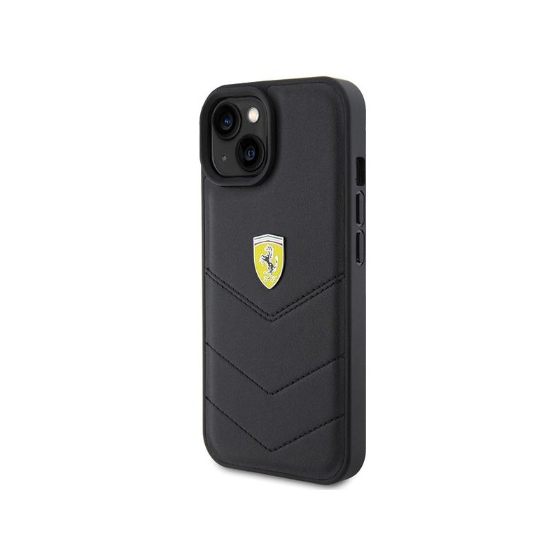 Ferrari Quilted Metal Logo dėklas, skirtas iPhone 15 - juodas