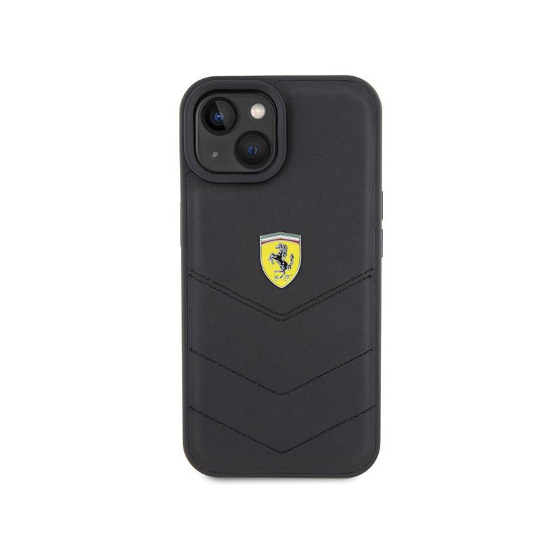 Ferrari Quilted Metal Logo dėklas, skirtas iPhone 15 - juodas