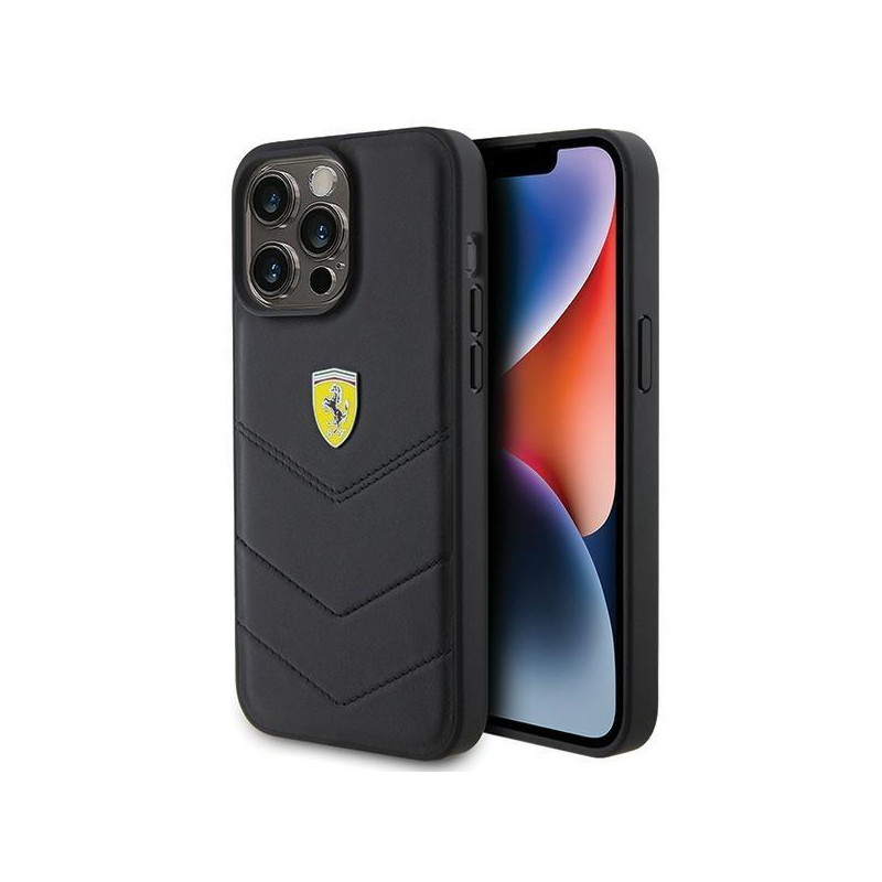 Ferrari Quilted Metal Logo dėklas, skirtas iPhone 15 Pro Max - juodas