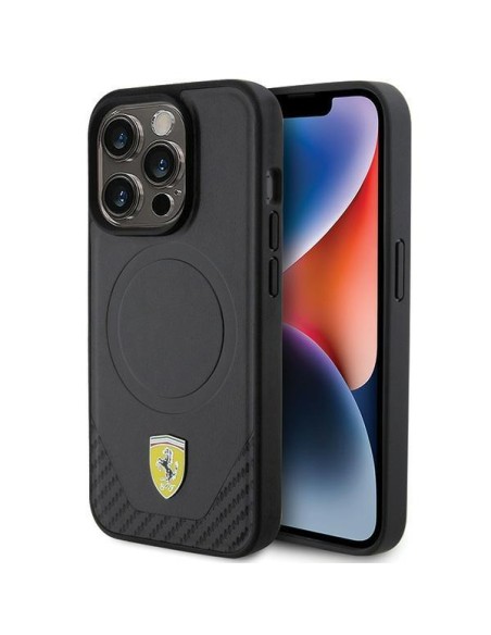 Ferrari Carbon Metal Logo MagSafe dėklas iPhone 15 Pro - juodas Ferrari Carbon Metal Logo MagSafe dėklas iPhone 15 Pro - juodas