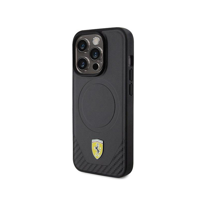 Ferrari Carbon Metal Logo MagSafe dėklas iPhone 15 Pro - juodas
