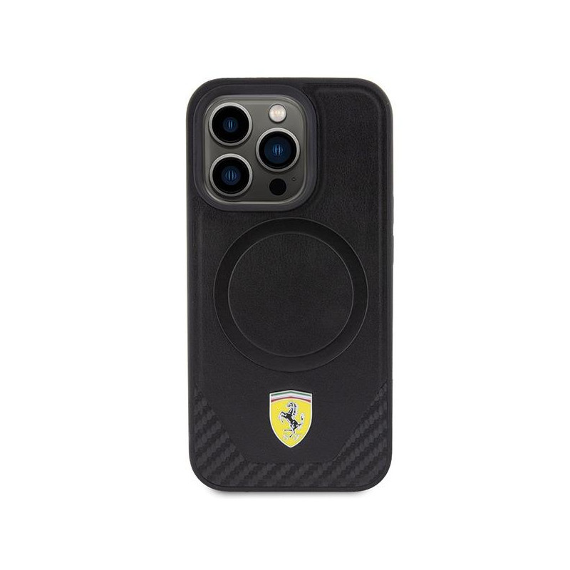 Ferrari Carbon Metal Logo MagSafe dėklas iPhone 15 Pro - juodas