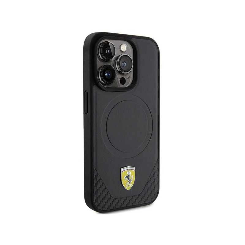 Ferrari Carbon Metal Logo MagSafe dėklas iPhone 15 Pro - juodas