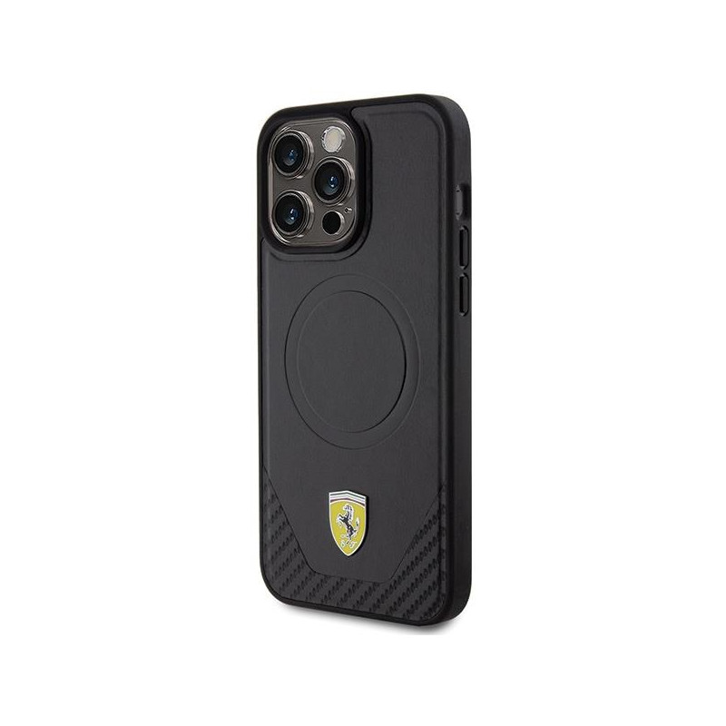 Ferrari Carbon Metal Logo MagSafe dėklas, skirtas iPhone 15 Pro Max - juodas