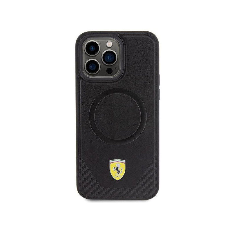 Ferrari Carbon Metal Logo MagSafe dėklas, skirtas iPhone 15 Pro Max - juodas