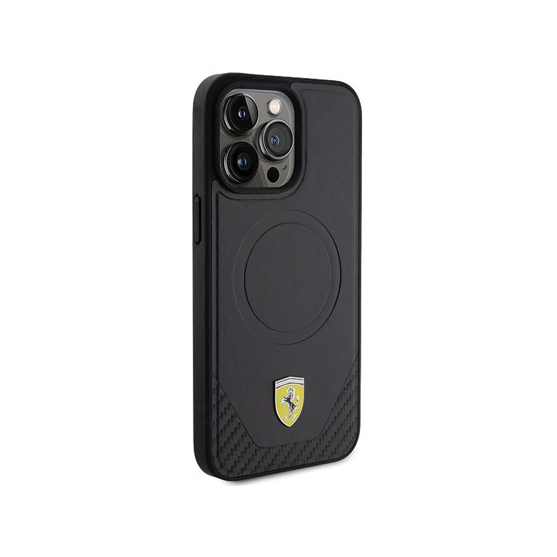 Ferrari Carbon Metal Logo MagSafe dėklas, skirtas iPhone 15 Pro Max - juodas