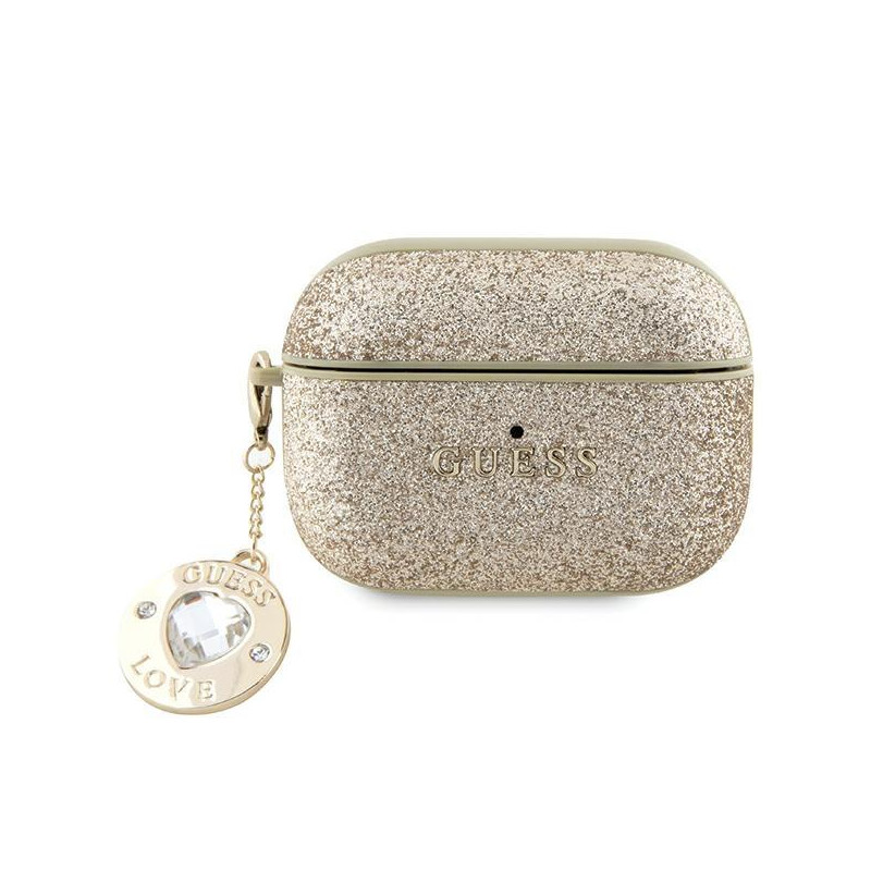 Guess Fixed Glitter Heart Diamond Charm dėklas, skirtas AirPods Pro 2 – auksinis