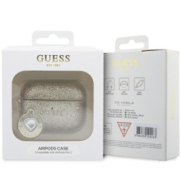 Guess Fixed Glitter Heart Diamond Charm dėklas, skirtas AirPods Pro 2 – auksinis