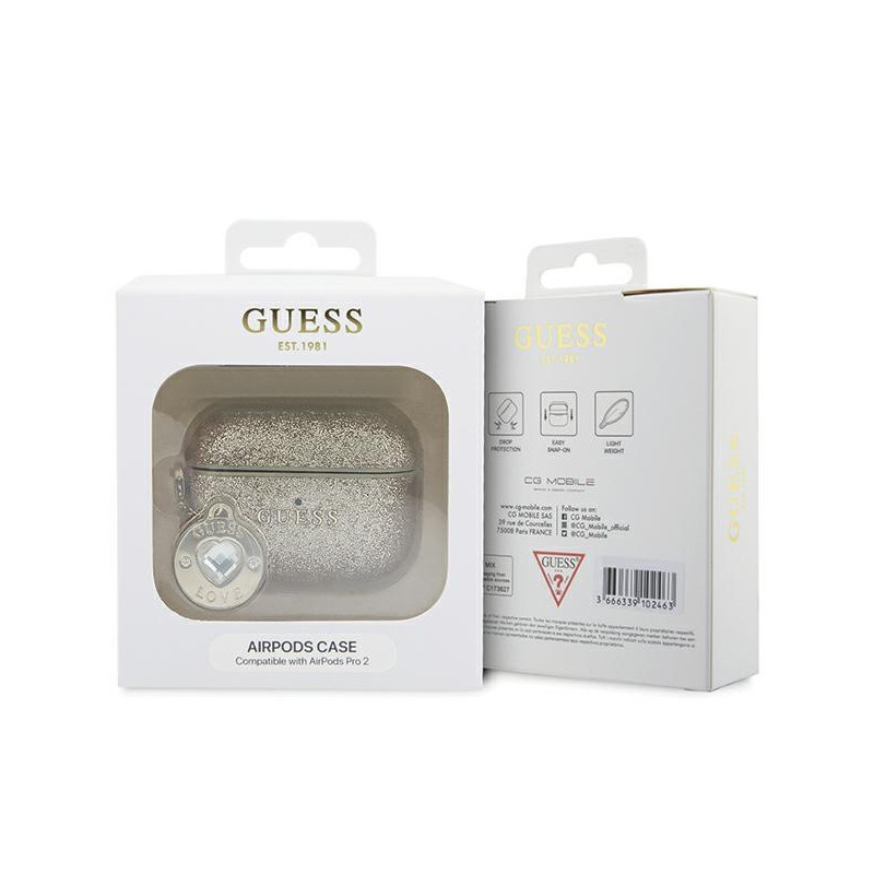 Guess Fixed Glitter Heart Diamond Charm dėklas, skirtas AirPods Pro 2 – auksinis