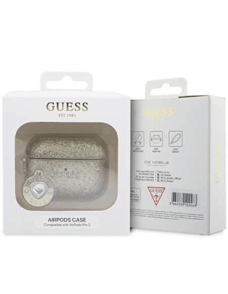 Guess Fixed Glitter Heart Diamond Charm dėklas, skirtas AirPods Pro 2 – auksinis Guess Fixed Glitter Heart Diamond Charm dėklas, skirtas AirPods Pro 2 – auksinis