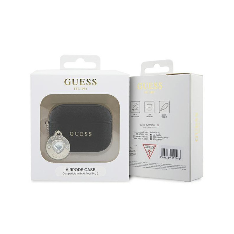 Guess Fixed Glitter Heart Diamond Charm dėklas, skirtas AirPods Pro 2 – juodas