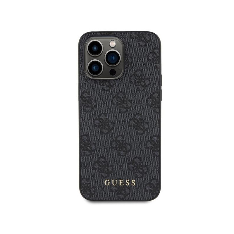 Guess 4G Metal Gold Logo dėklas, skirtas iPhone 15 Pro - pilkas