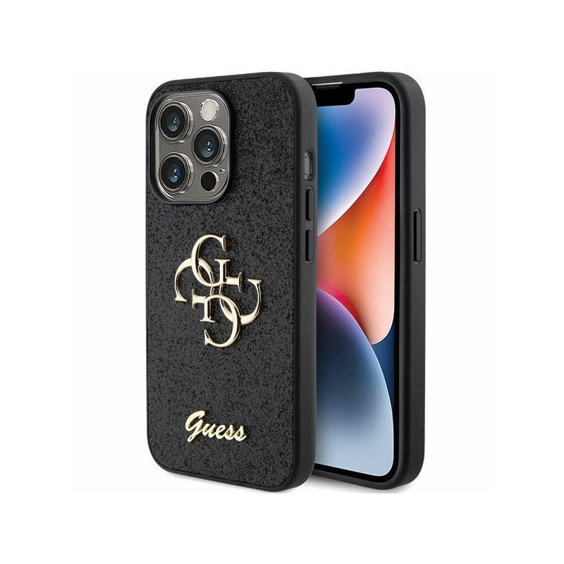 Guess Glitter Script Big 4G dėklas, skirtas iPhone 15 Pro - juodas
