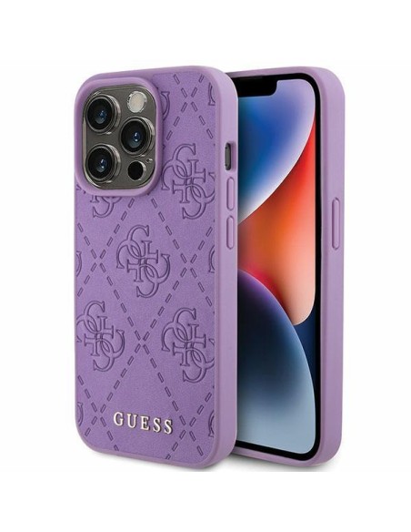 Guess Leather 4G štampuotas dėklas iPhone 15 Pro - violetinis Guess Leather 4G štampuotas dėklas iPhone 15 Pro - violetinis