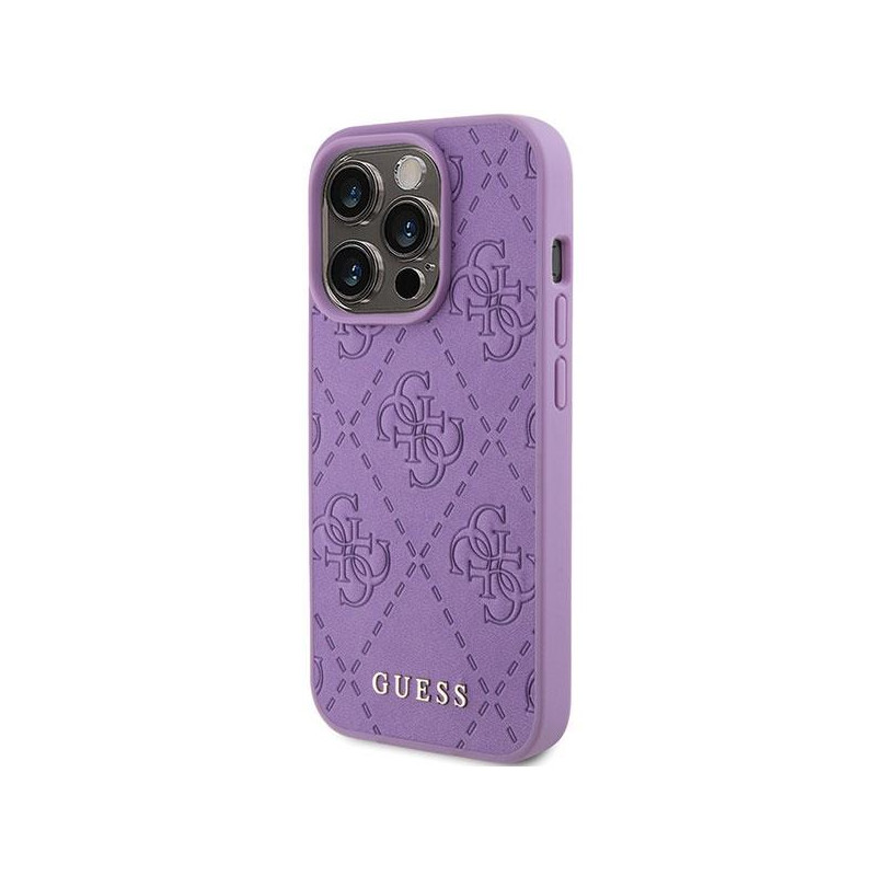 Guess Leather 4G štampuotas dėklas iPhone 15 Pro - violetinis