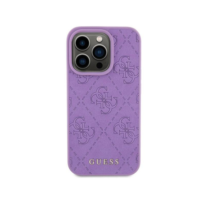 Guess Leather 4G štampuotas dėklas iPhone 15 Pro - violetinis