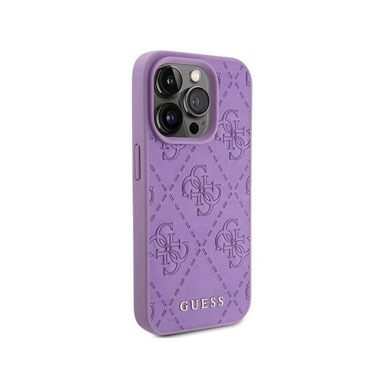 Guess Leather 4G štampuotas dėklas iPhone 15 Pro - violetinis