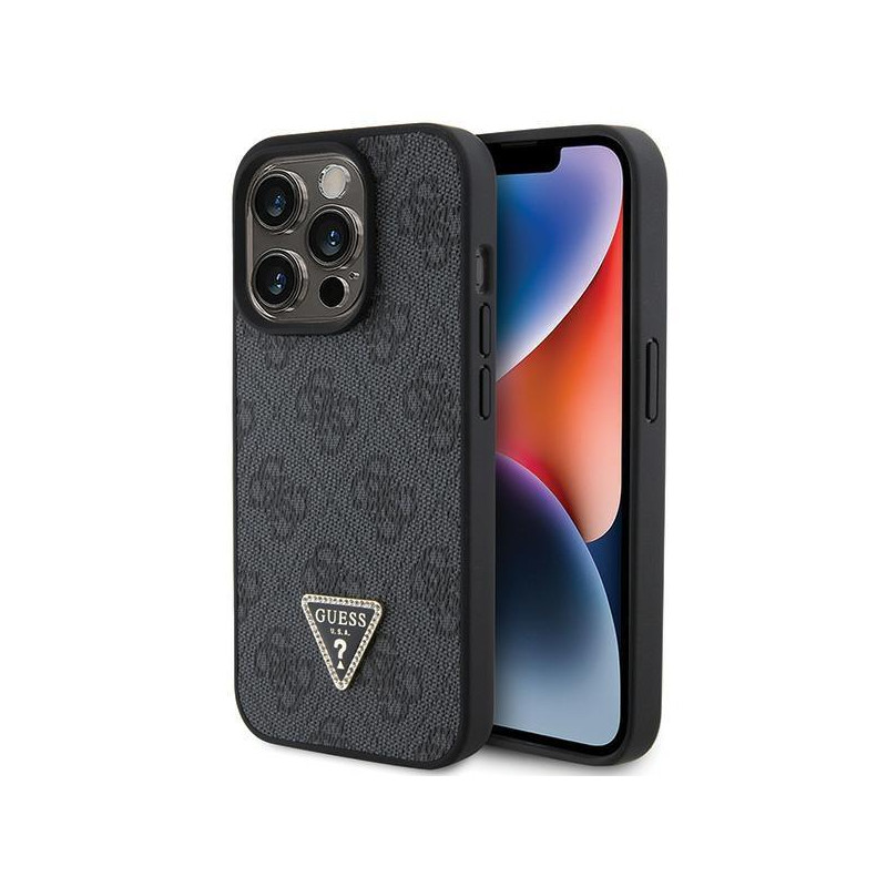 Guess Leather 4G Diamond Triangle dėklas, skirtas iPhone 15 Pro - juodas Guess Leather 4G Diamond Triangle dėklas, skirtas iPhone 15 Pro - juodas