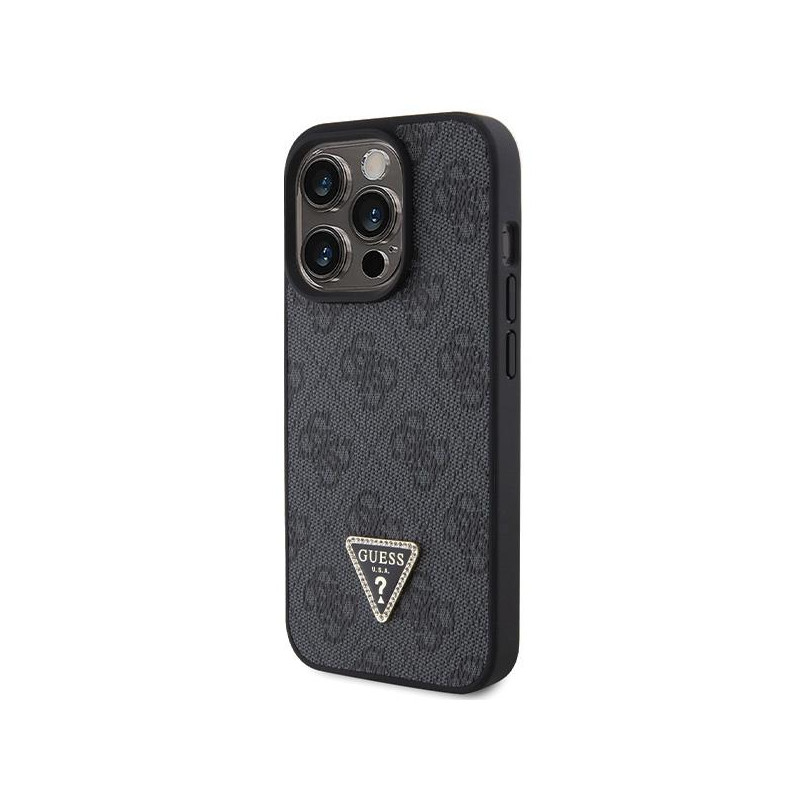 Guess Leather 4G Diamond Triangle dėklas, skirtas iPhone 15 Pro - juodas