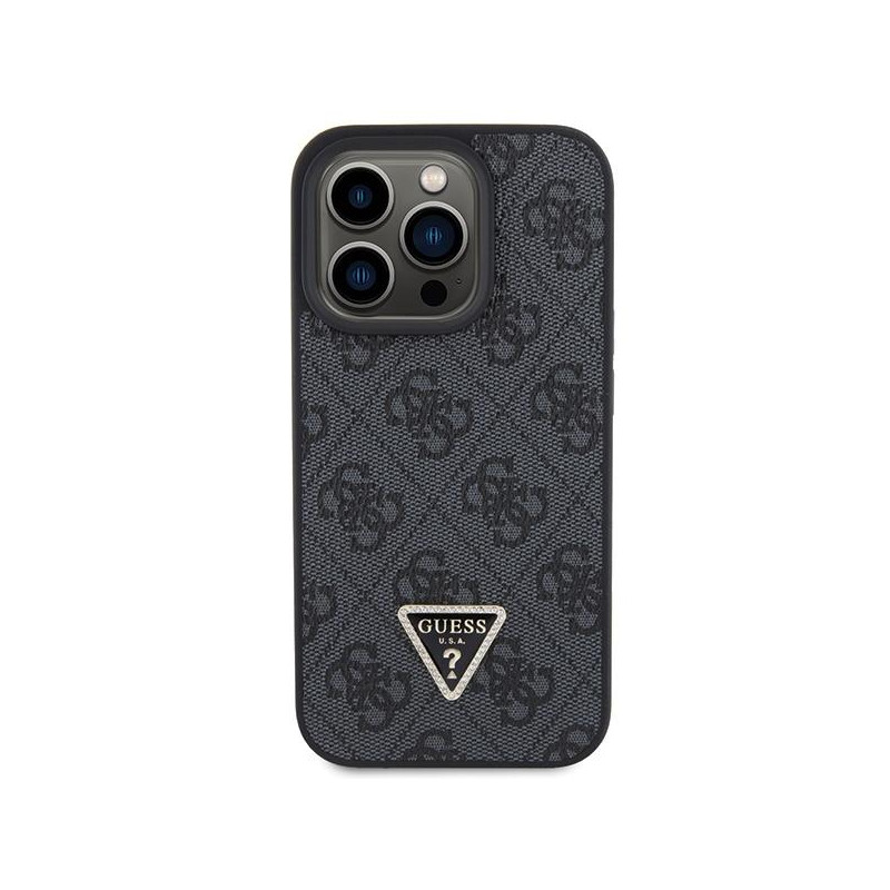 Guess Leather 4G Diamond Triangle dėklas, skirtas iPhone 15 Pro - juodas