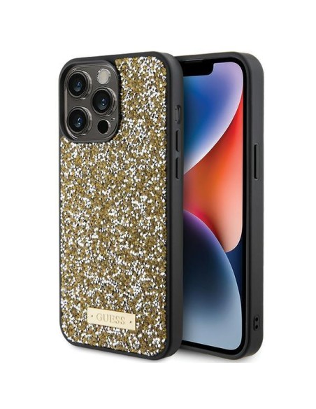 Guess Rhinestone Metal Logo dėklas, skirtas iPhone 15 Pro - geltonas Guess Rhinestone Metal Logo dėklas, skirtas iPhone 15 Pro - geltonas