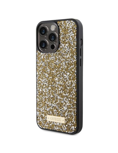 Guess Rhinestone Metal Logo dėklas, skirtas iPhone 15 Pro - geltonas Guess Rhinestone Metal Logo dėklas, skirtas iPhone 15 Pro - geltonas