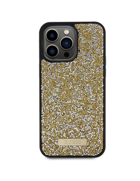 Guess Rhinestone Metal Logo dėklas, skirtas iPhone 15 Pro - geltonas Guess Rhinestone Metal Logo dėklas, skirtas iPhone 15 Pro - geltonas