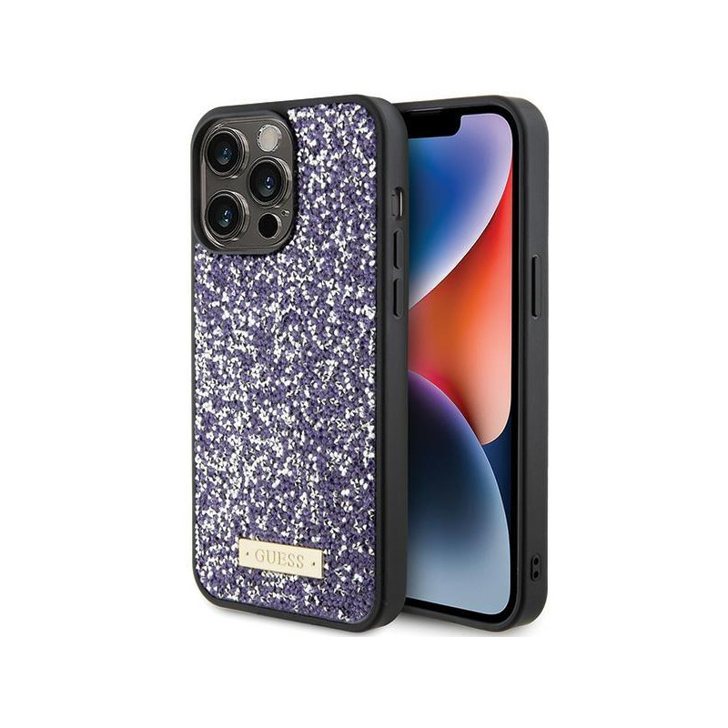 Guess Rhinestone Metal Logo dėklas, skirtas iPhone 15 Pro - rožinis